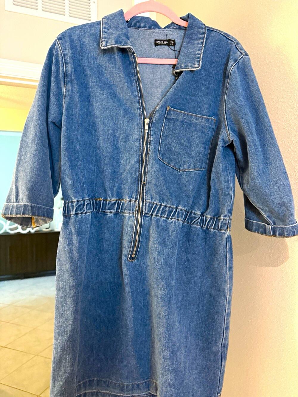 Nasty Gal Blue Denim Shirt Dress Zip Front Collared Pockets 3/4 Sleeve 6